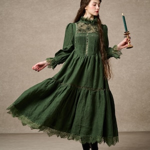 Vintage Linen dress with lace, green dress, victorian dress, cottagecore dress, renaissance dress, 1980&#39;s dress, Aesthetic dress| Linennaive