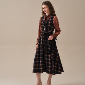 tartan wool dress in brown, ruffle dress, belt dress, elegant dresses, vintage dress, winter dress Linennaive image 2