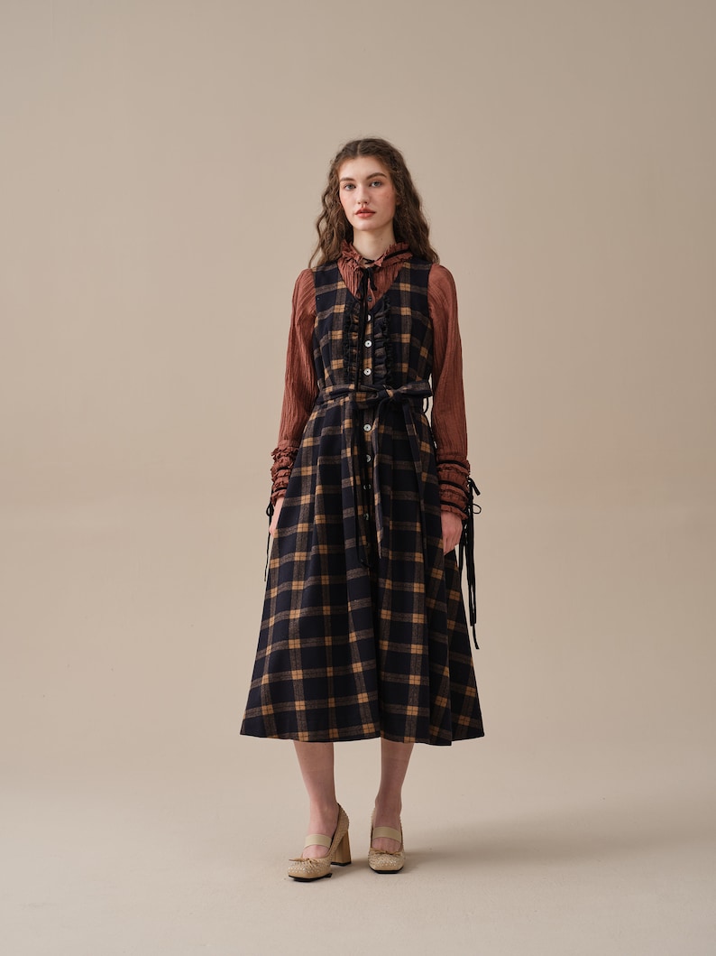 tartan wool dress in brown, ruffle dress, belt dress, elegant dresses, vintage dress, winter dress Linennaive image 1