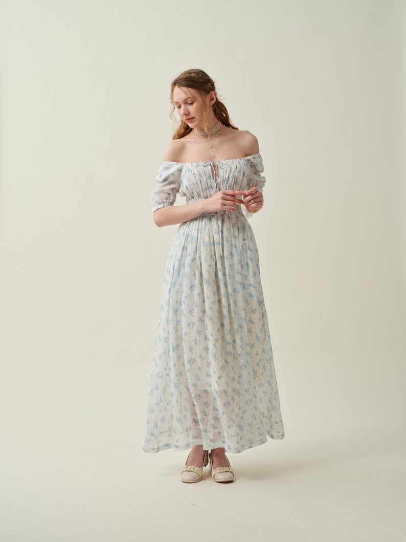 Blue floral linen dress, princess linen dress, summer dress, maternity dress, midi dress, party dress, plus women dress Linennaive zdjęcie 6