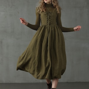 Corset Linen Dress in Dark Green, Front Lace-up Dress, Mid calf Dress, Cocktail Dress Linennaive image 9