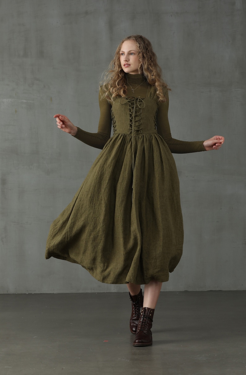 Corset Linen Dress in Dark Green, Front Lace-up Dress, Mid calf Dress, Cocktail Dress Linennaive image 9