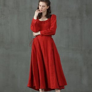 maxi red linen dress, lacing up linen dress, maxi linen dress, cocktail dress, flared evening dress Linennaive image 7