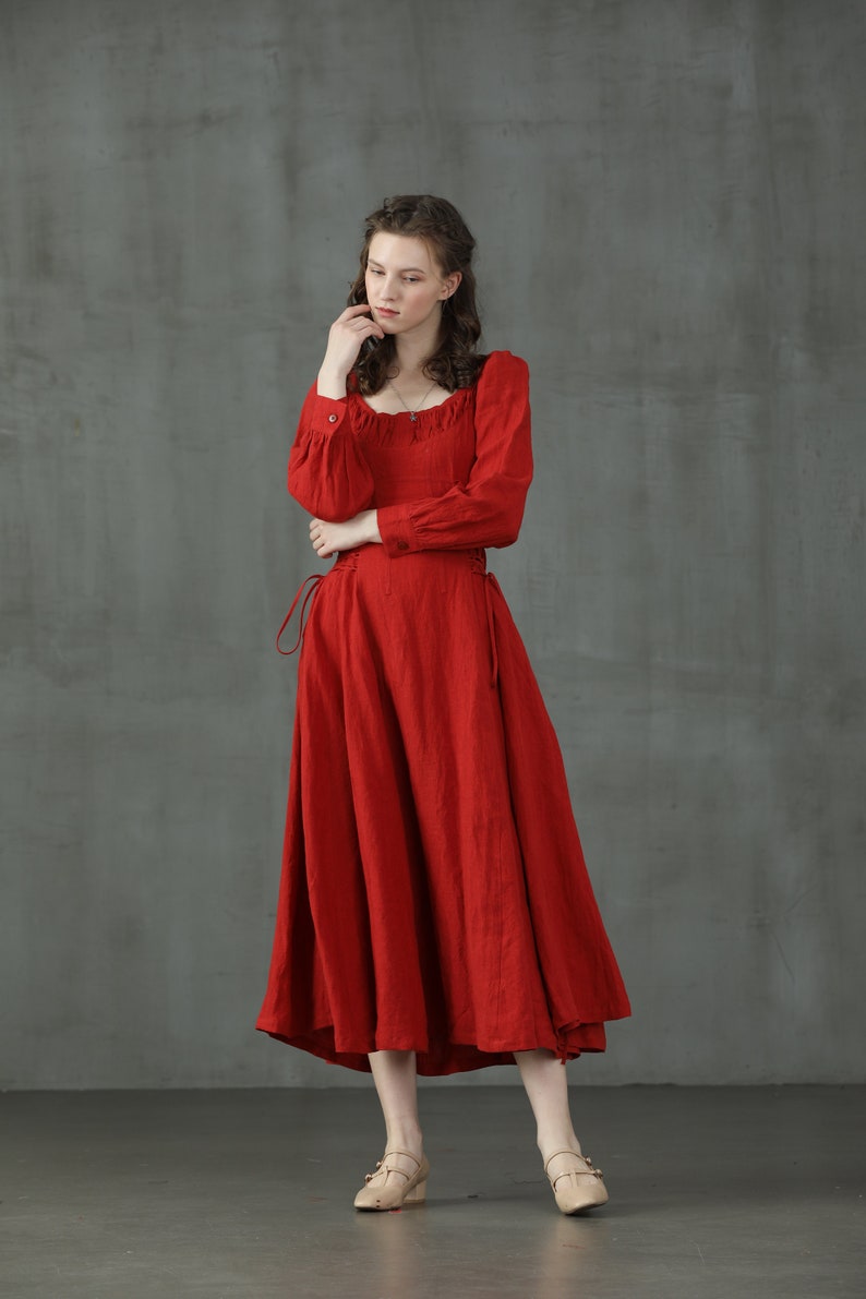 maxi red linen dress, lacing up linen dress, maxi linen dress, cocktail dress, flared evening dress Linennaive image 7