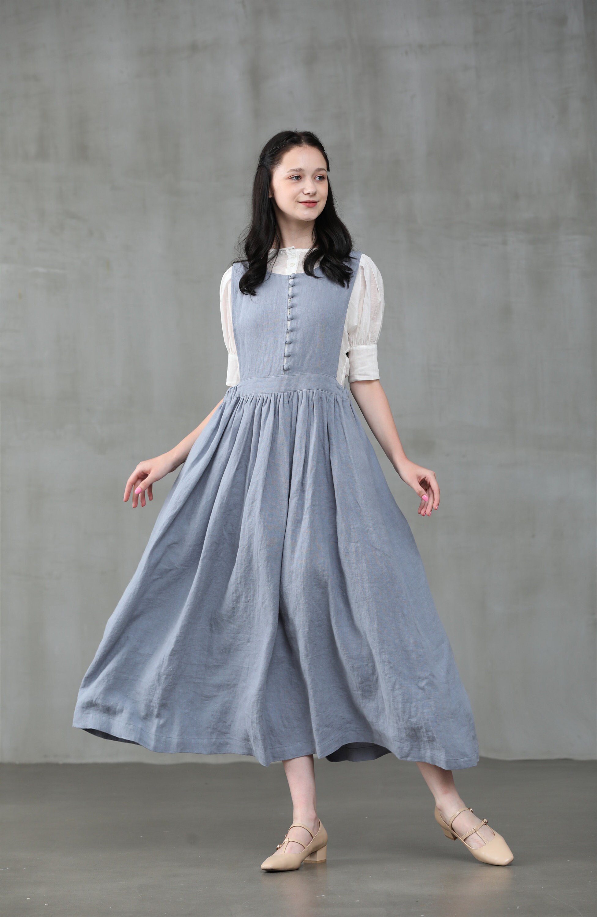 apron linen dress in misty blue, midi dress, pleated linen dress, bow