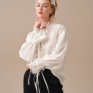 Lace up linen blouse, white linen blouse, ruffle blouse, victorian blouse, women blouse, long-sleeved shirt, oversized blouse Linennaive image 5