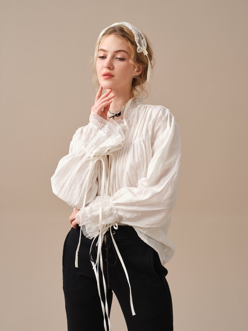 Lace up linen blouse, white linen blouse, ruffle blouse, victorian blouse, women blouse, long-sleeved shirt, oversized blouse Linennaive image 5