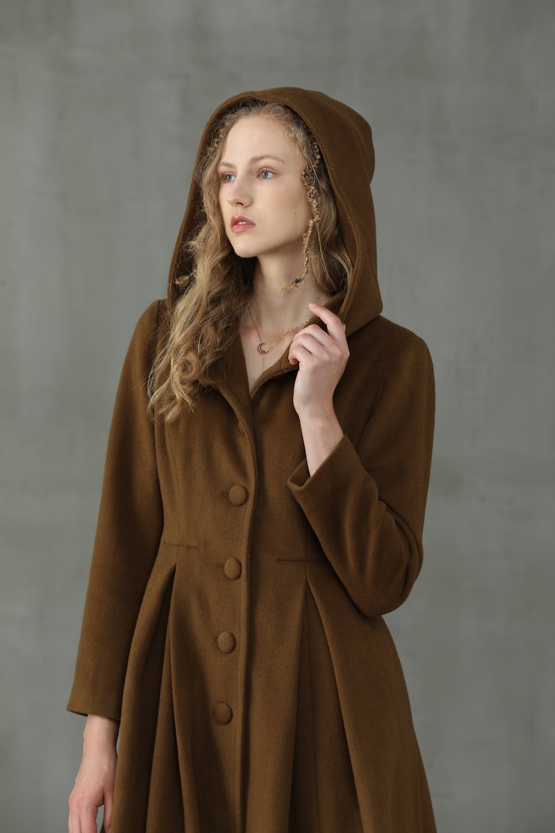 hooded maxi wool coat, retro hooded wool coat, maxi camel coat, wool coat, vintage coat, winter coat, fit and flare coat image 9