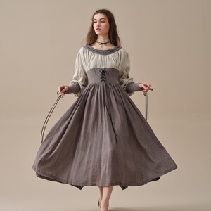 linen dress in grey, lace-up dress, long sleeved dress, elegant dress, vintage dress | Linennaive