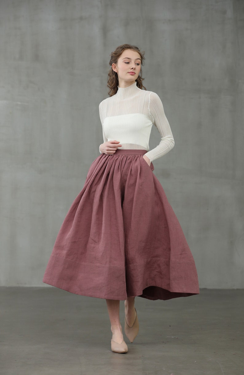 ashed lilac midi linen skirt, a line skirt, pleated flared skirt, 1950 skirt Linennaive image 2