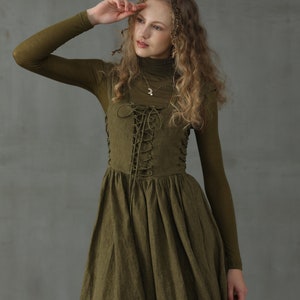 Corset Linen Dress in Dark Green, Front Lace-up Dress, Mid calf Dress, Cocktail Dress Linennaive image 2