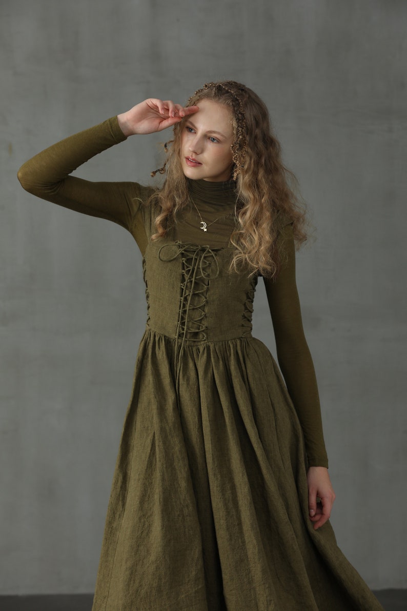 Corset Linen Dress in Dark Green, Front Lace-up Dress, Mid calf Dress, Cocktail Dress Linennaive image 2