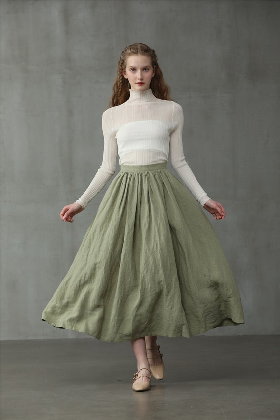 Green Midi Linen Skirt, a Line Skirt, Pleated Flared Skirt, 1950 Skirt  Linennaive -  Canada