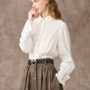 Retro Plaid Midi Wool Skirt, brown wool skirt, Button front Midi Skirt, Pleat Skirt, pockets skirts, Plus Size Skirt Linennaive image 5