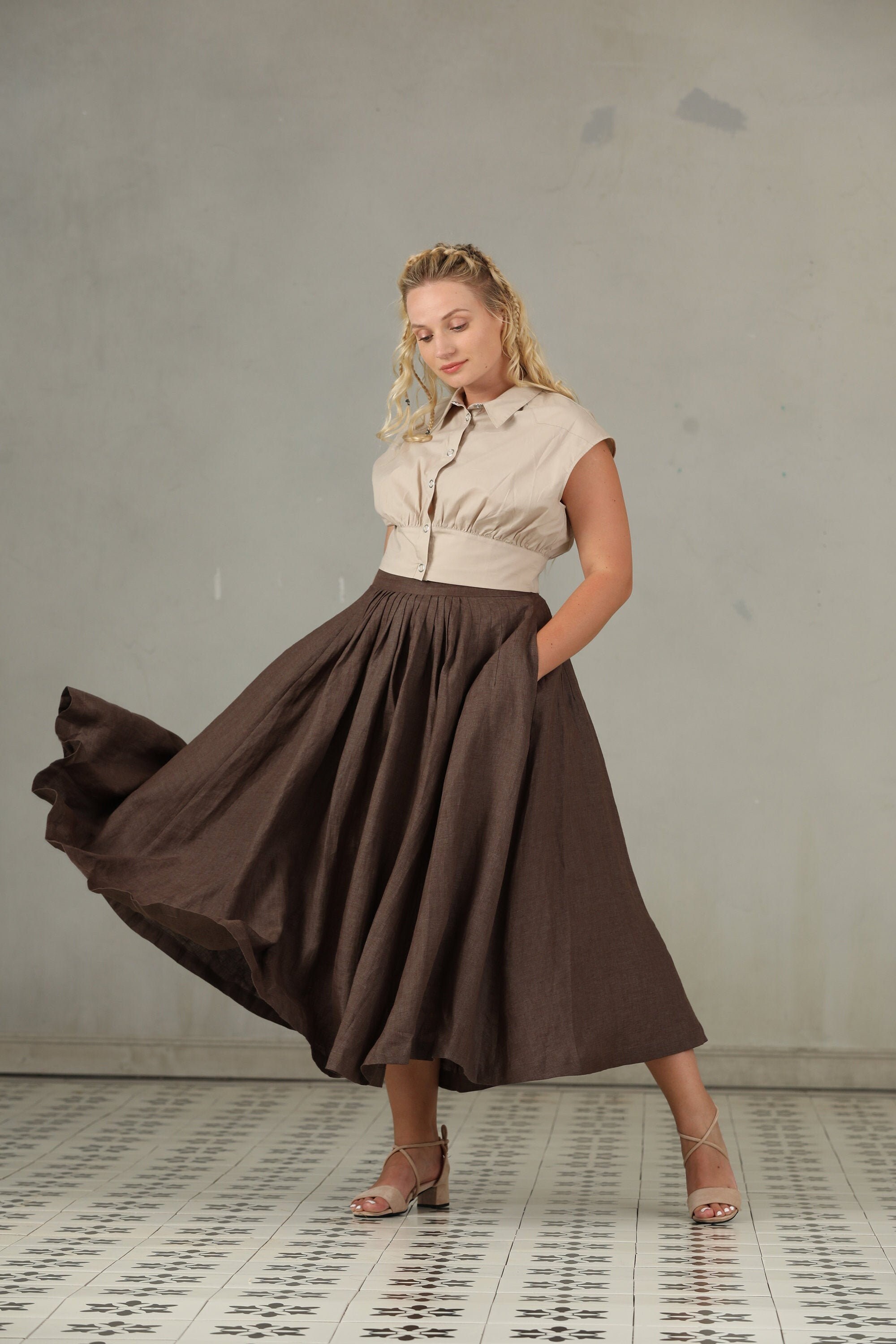 PLUS SIZE Linen Skirt in Brown Pintucked Linen Skirt Pocket Etsy