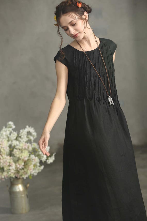 Black Linen Dress Black Maxi Dress Long Ruffle Linen Dress | Etsy