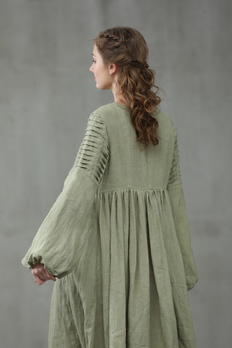 Maxi linen dress in pastel green puff sleeve dress wedding Etsy