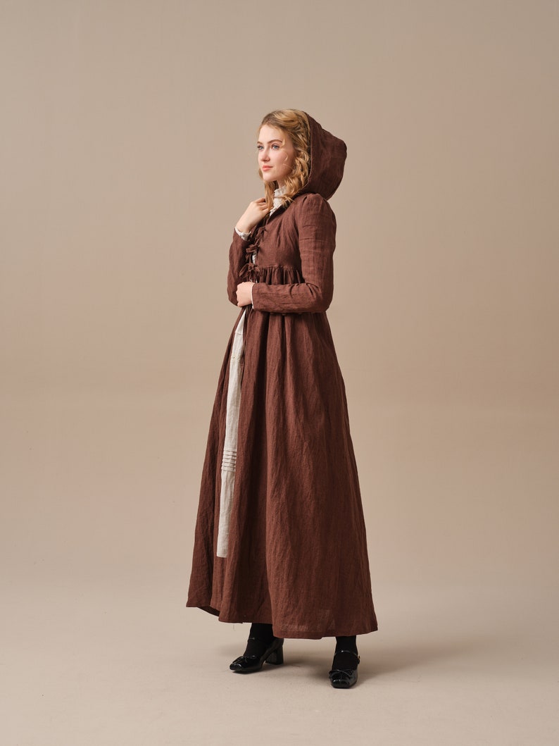 Winter linen coat in Brown, maxi coat, tied linen jacket coat, vintage coat dress, little women coat Linennaive image 10