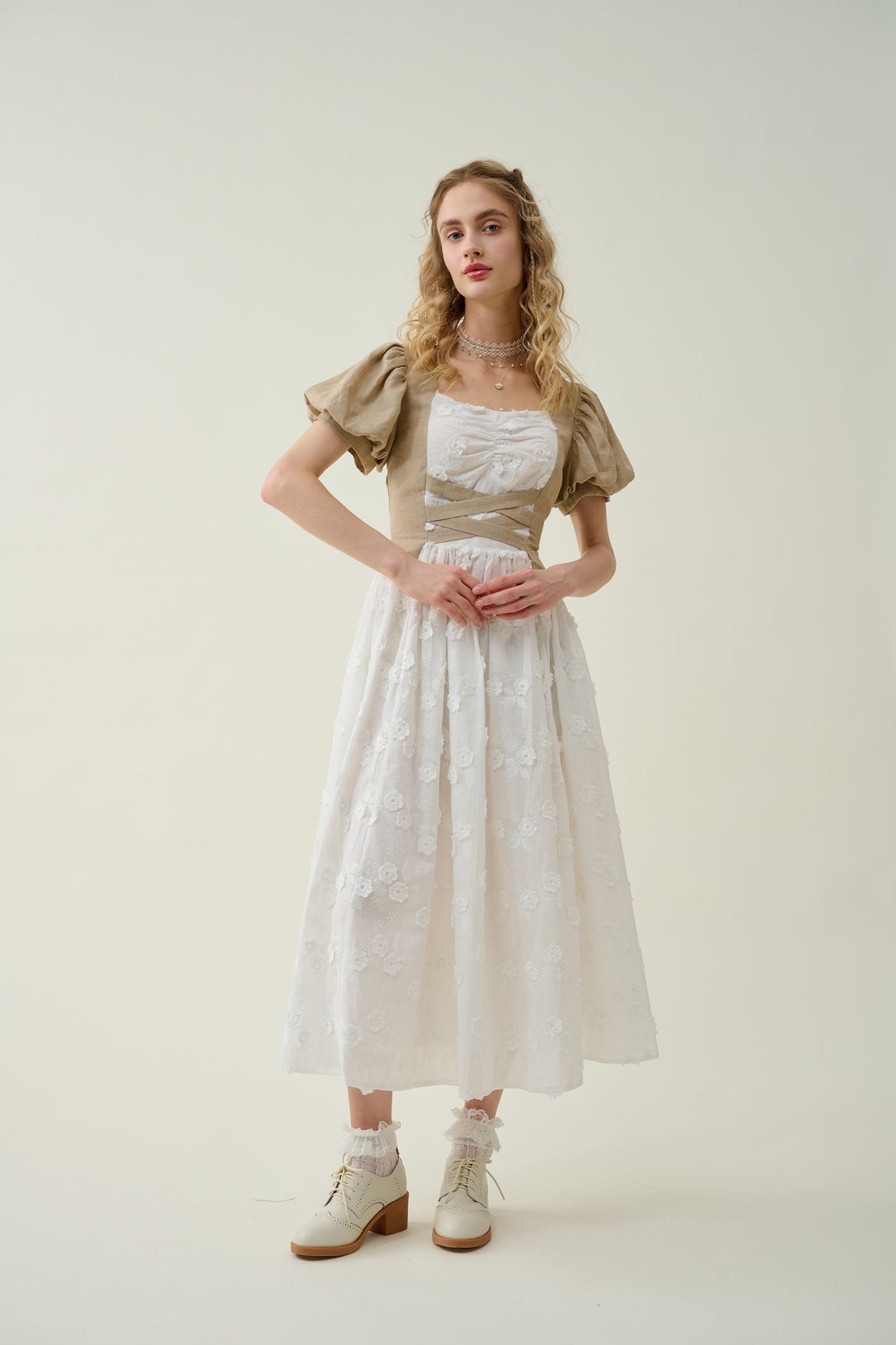 Floral Embroidery Linen Dress, Corset Linen Dress, Fairy Dress, Puff