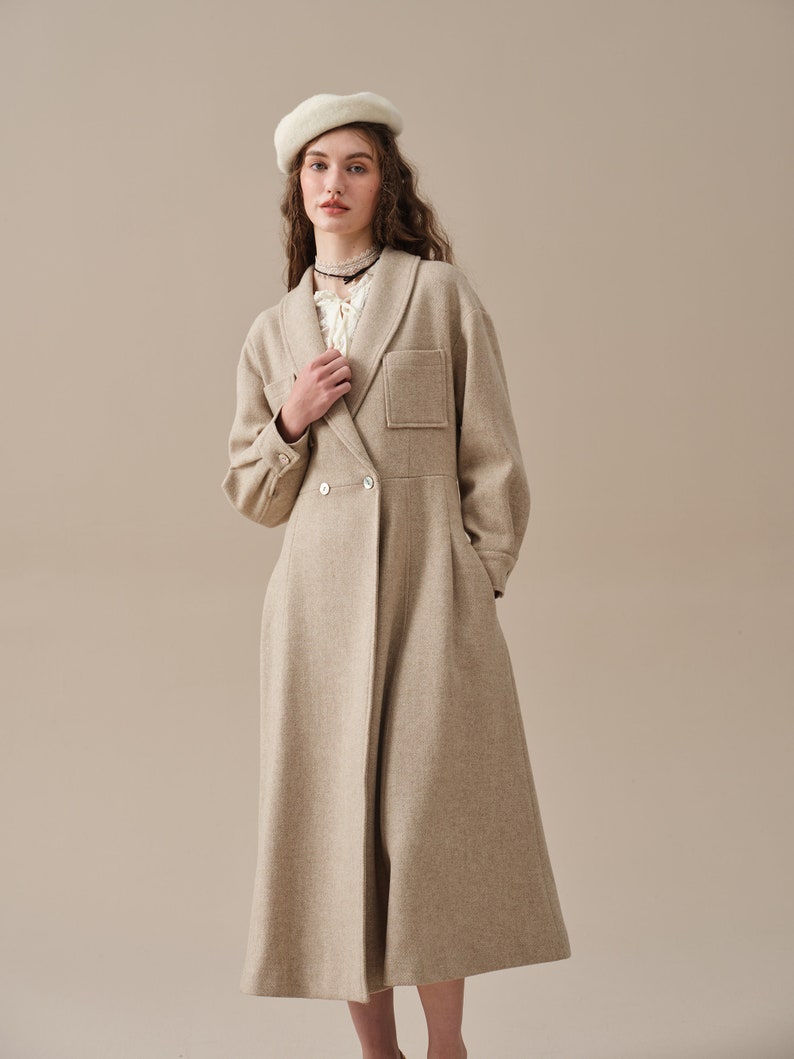 maxi wool coat in oat cream, women coat, double breasted coat, winter coat, retro coat, warm coat Linennaive image 9