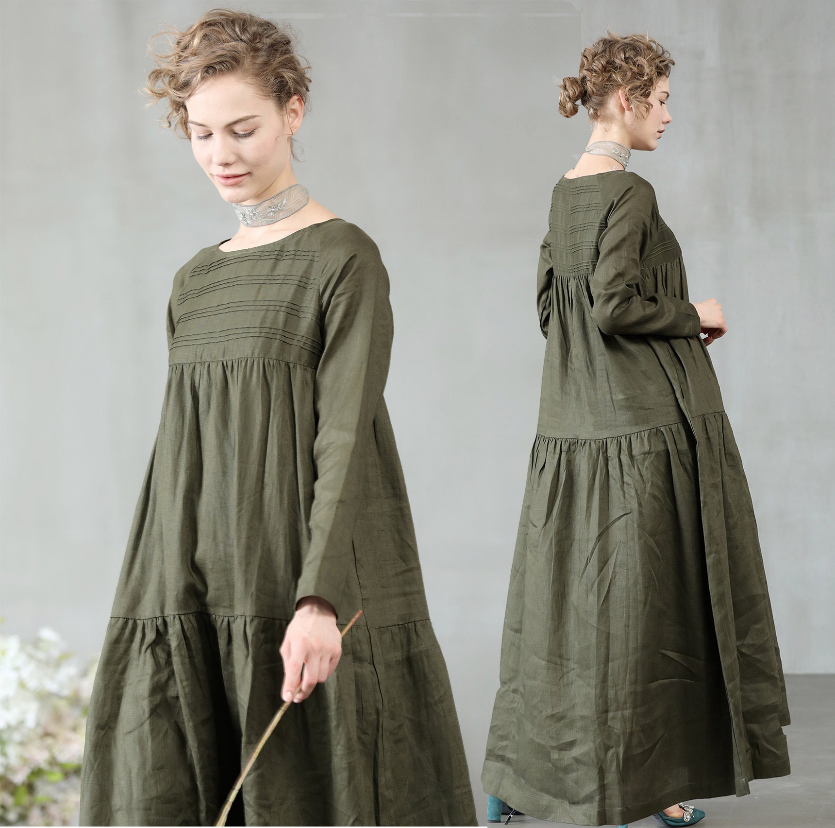 Maxi linen dress in sage green and white loose fitting dress Etsy