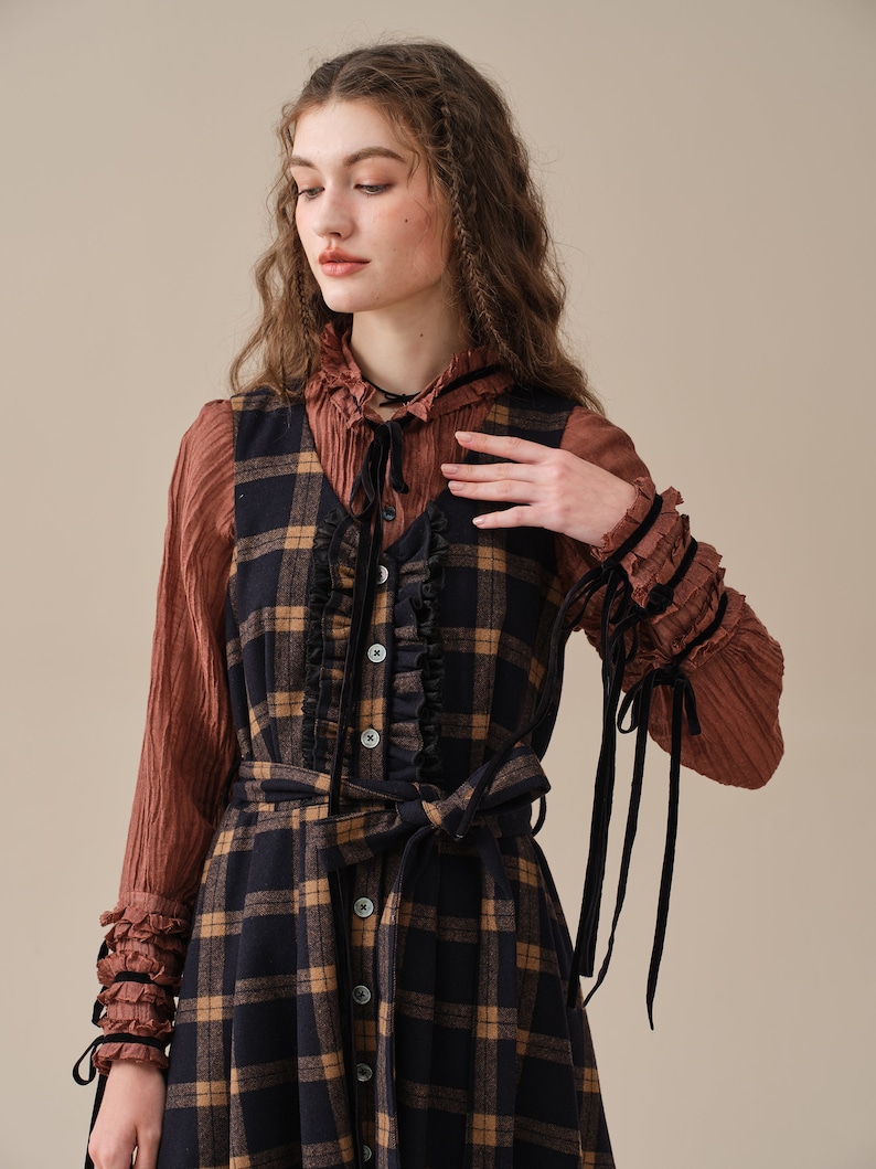 tartan wool dress in brown, ruffle dress, belt dress, elegant dresses, vintage dress, winter dress Linennaive image 10