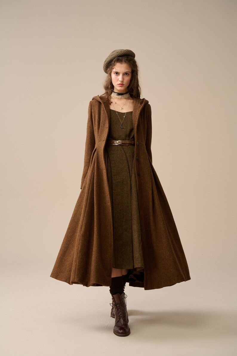 Hooded Maxi Wool Coat in Mocha Brown, Retro Hooded Wool Coat, Classic
