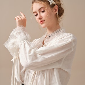 Lace up linen blouse, white linen blouse, ruffle blouse, victorian blouse, women blouse, long-sleeved shirt, oversized blouse Linennaive image 3