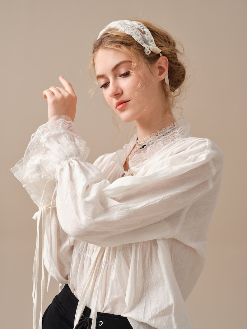 Lace up linen blouse, white linen blouse, ruffle blouse, victorian blouse, women blouse, long-sleeved shirt, oversized blouse Linennaive image 3
