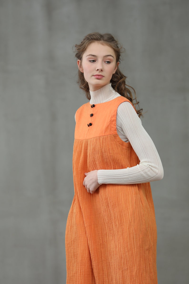 linen dress in orange, linen jumper, square sleeveless dress Linennaive image 3