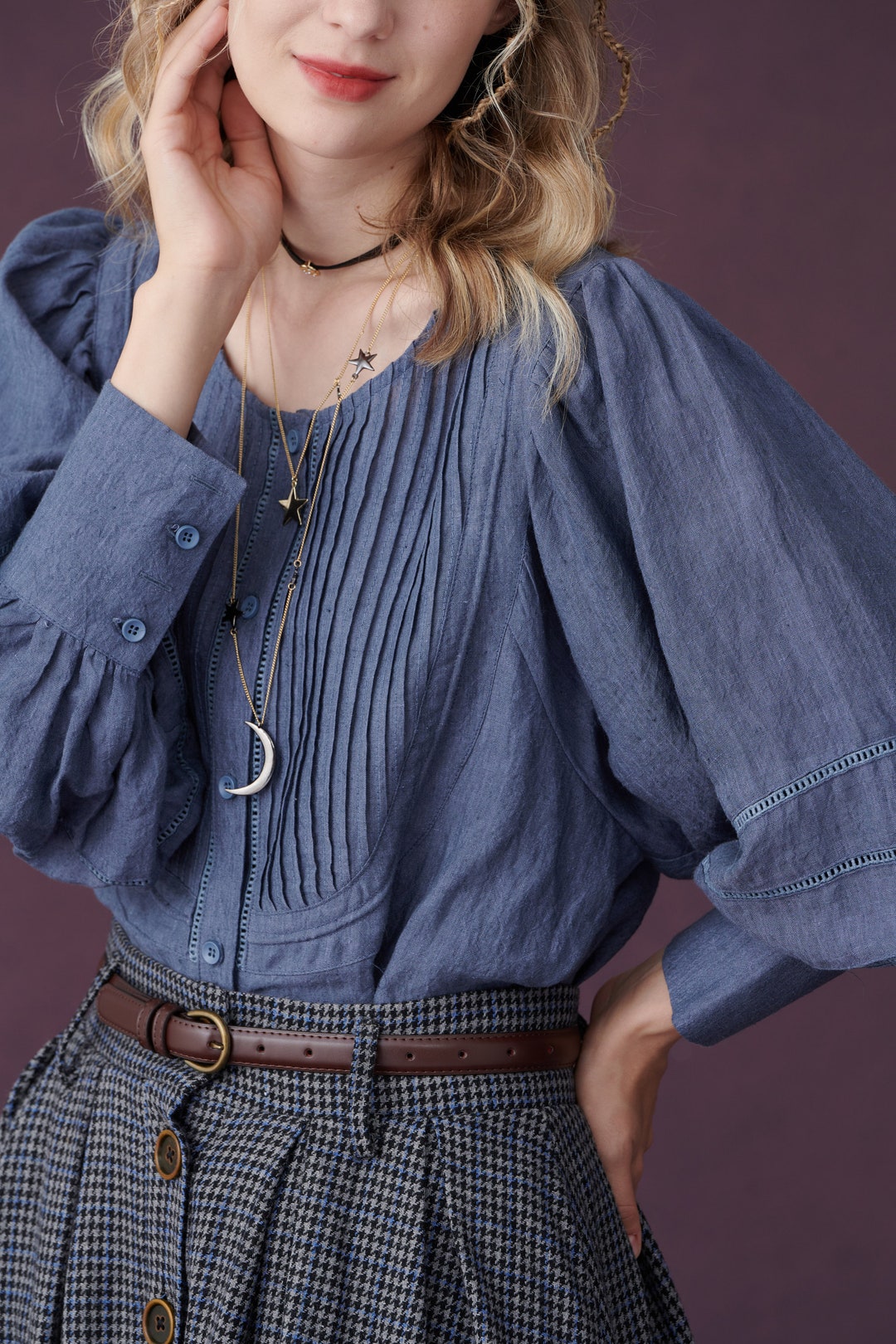 Blue Linen Blouse Top Puff Sleeve Blouse Victorian Blouse Etsy