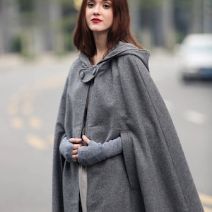 Maxi Hooded Wool Coat Cloak, 100% cape, Maxi wool Cape, Hooded Cape, Wool Hooded Cloak In Green Black Grey blue, Long Wool Jacket image 8