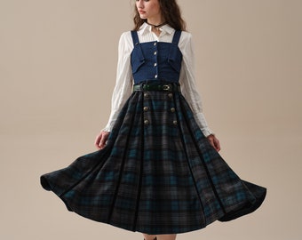 Midi wool skirt, tartan skirt in midnight blue, vintage skirt, double-breasted wool skirt, warm wool skirt, pockets wool skirt | Linennaive