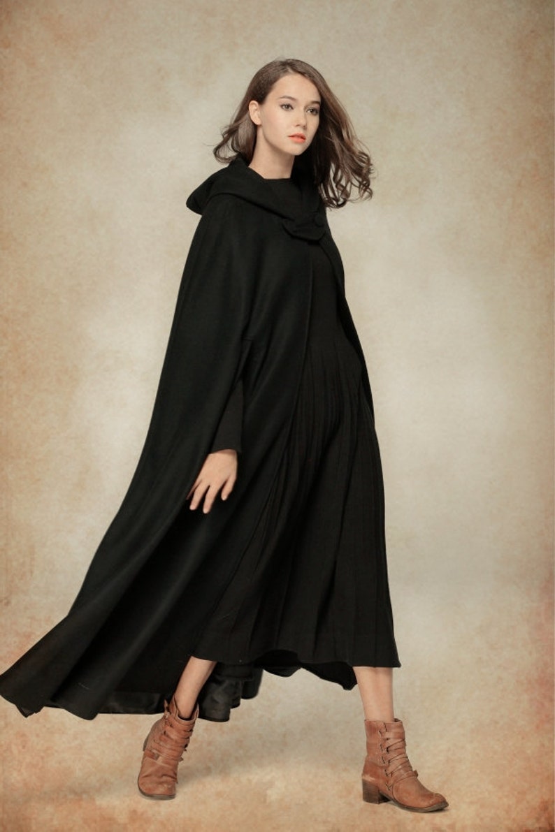 Wool Coat Jacket, Wool Cape, Black Hooded Cloak, Winter Cape, Black Cape, 100% Wool Black Cloak, Maxi Coat, Long Wool Coat, Linennaive image 3