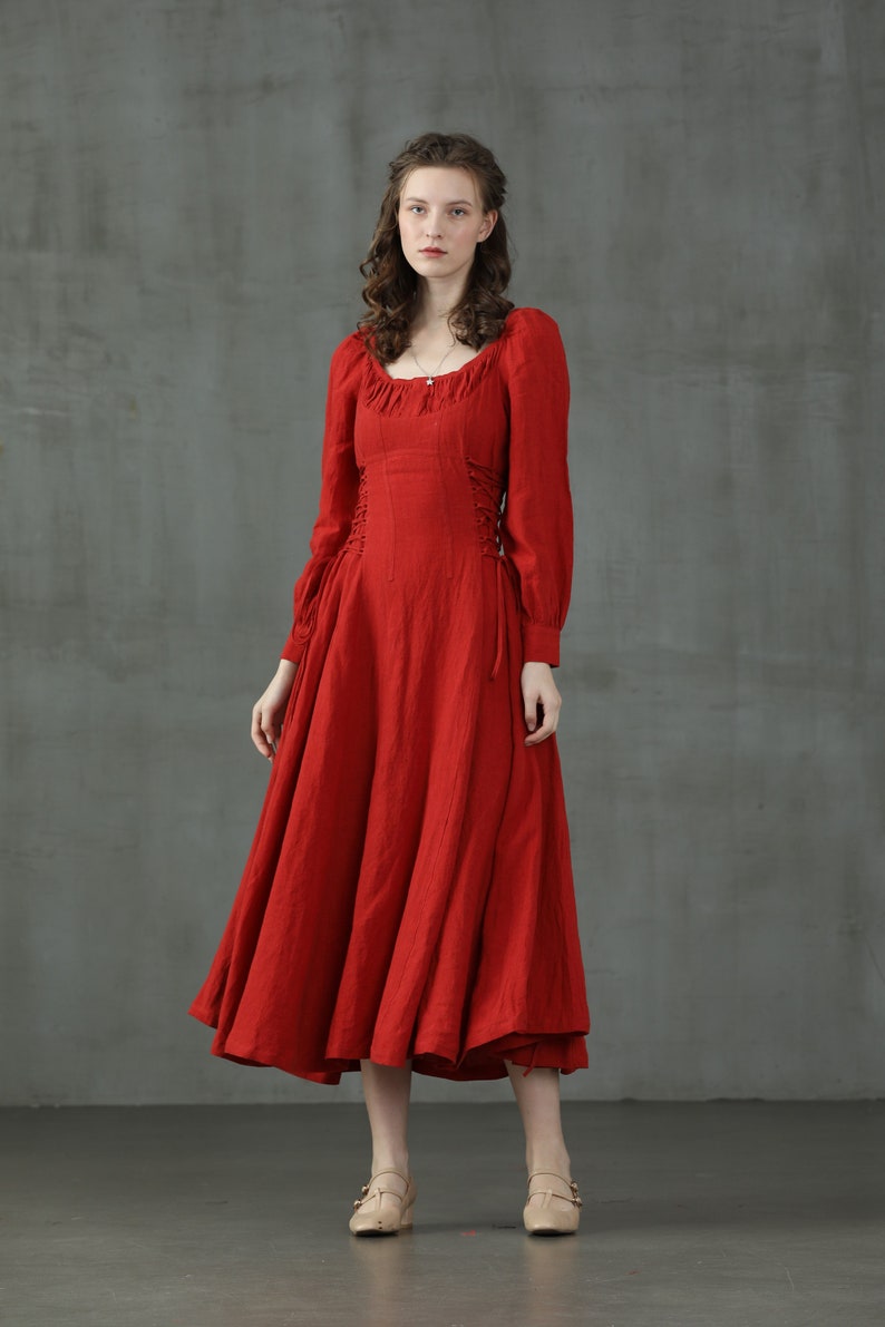 maxi red linen dress, lacing up linen dress, maxi linen dress, cocktail dress, flared evening dress Linennaive image 3