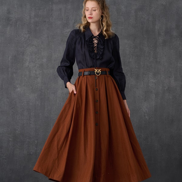 wool skirt in brown, wool maxi skirt, pleated wool skirt, winter skirt, flared skirt, A line skirt | Linennaive