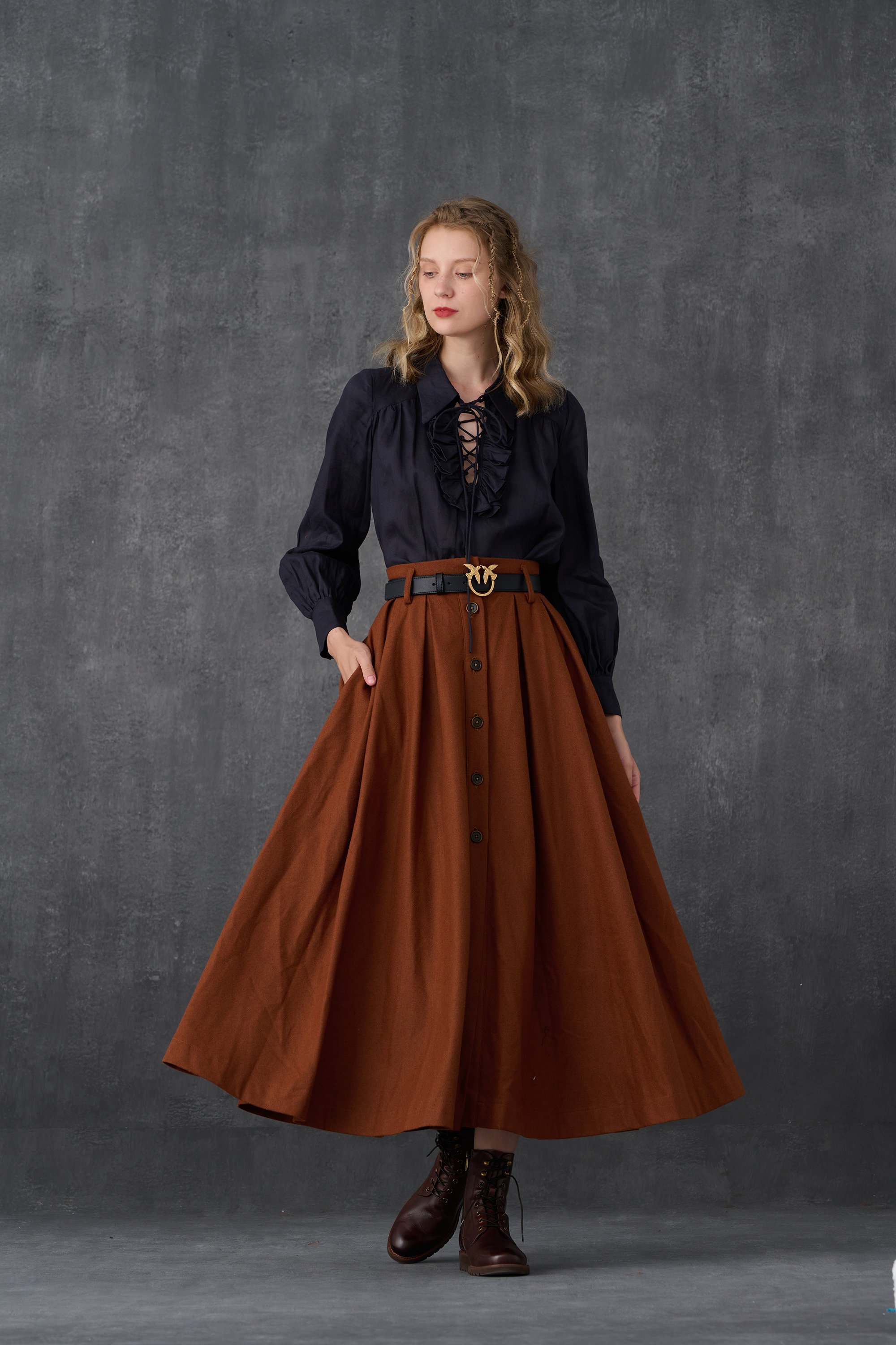 Buy Wool Skirt in Brown, Wool Maxi Skirt, Pleated Wool Skirt