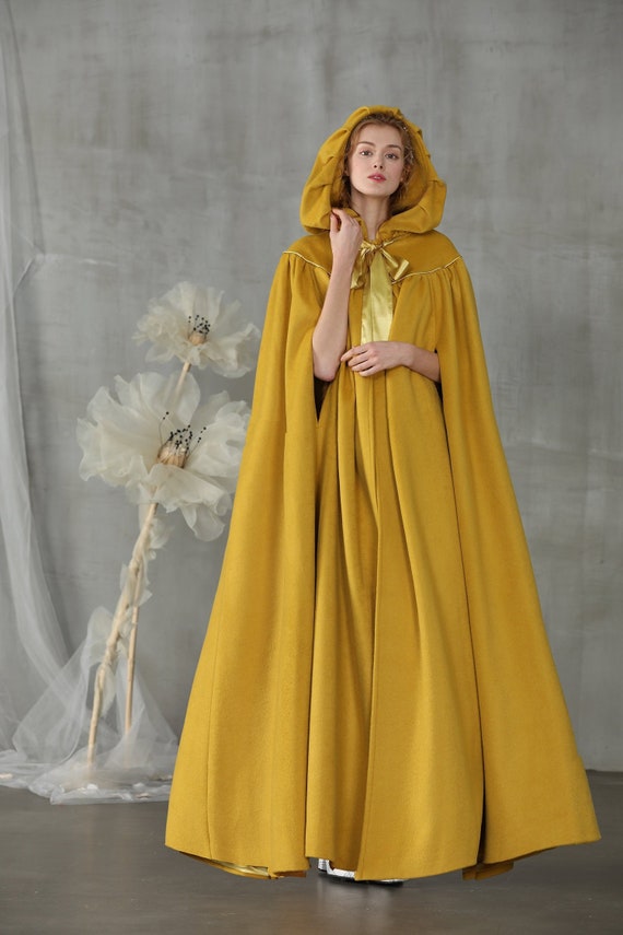 Hooded cloak in yellow maxi wool cloak cape wool cape | Etsy