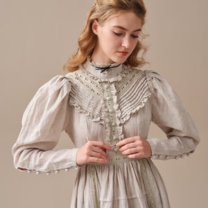 ruffled linen dress in creamwhite, victorian dress, vintage dress, elegant dress, long sleeved dress Linennaive image 7