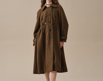 Double breasted wool coat, brown coat, midi wool coat, fit and flared coat, vintage coat, winter coat | Linennaive