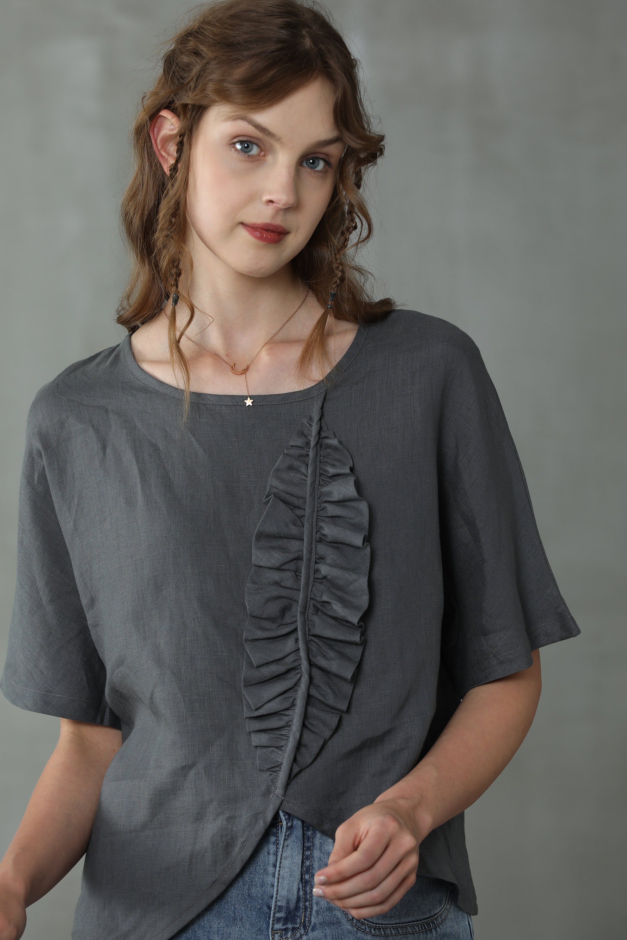 French Linen Top Blouse in Gray/white Earth Day Top Linen Etsy Canada