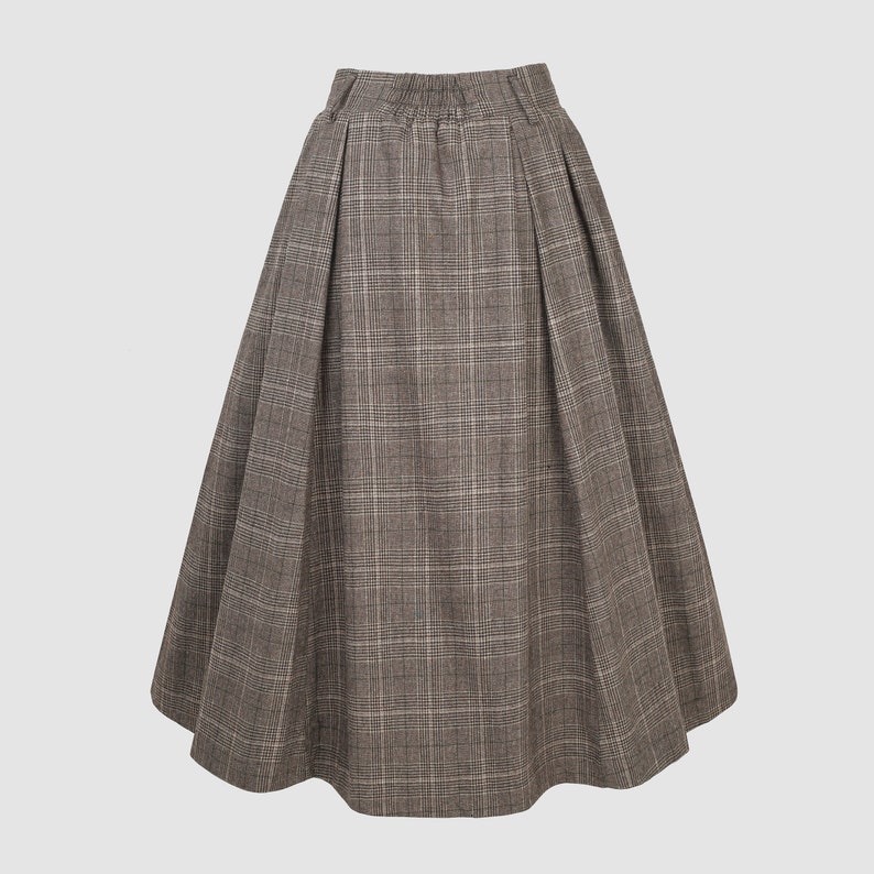 Retro Plaid Midi Wool Skirt, brown wool skirt, Button front Midi Skirt, Pleat Skirt, pockets skirts, Plus Size Skirt Linennaive image 8