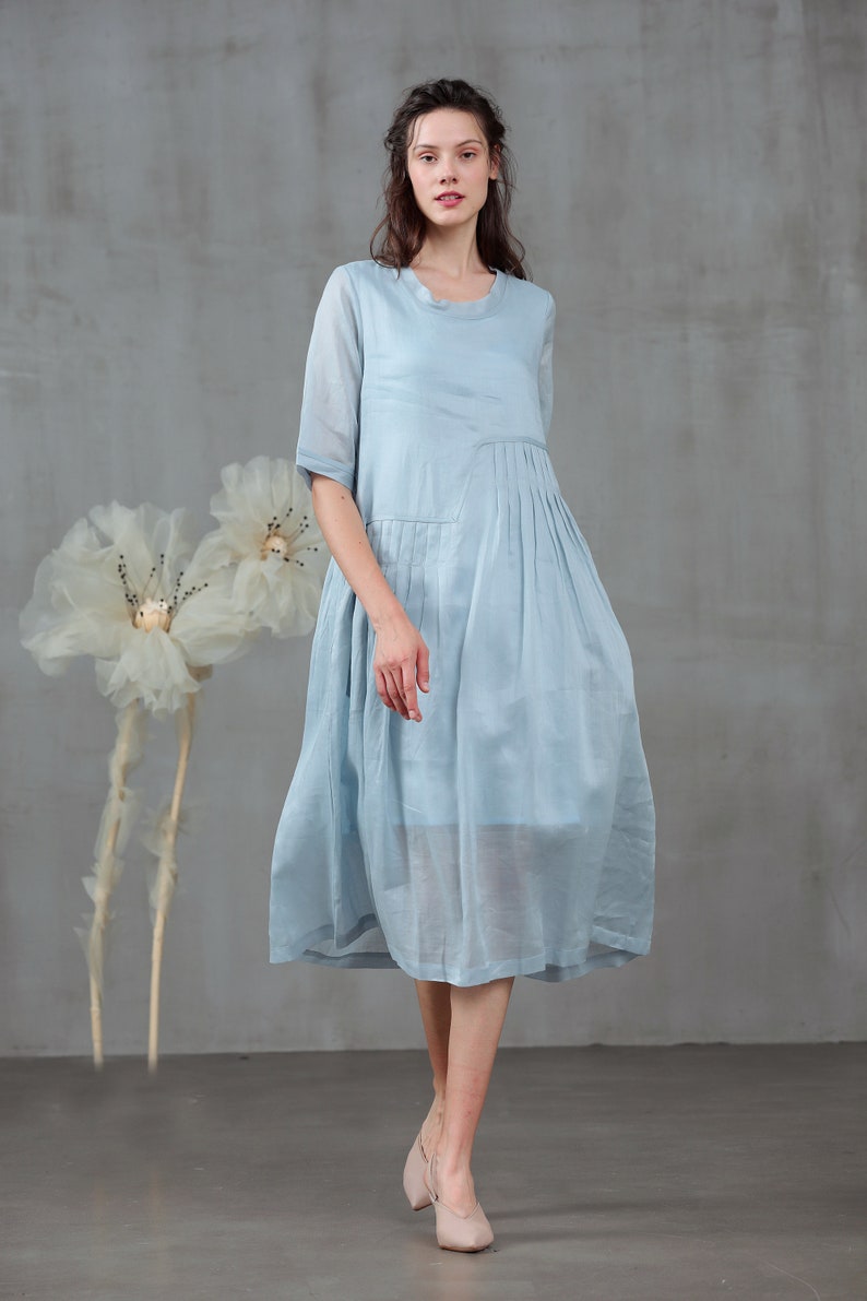 Pastel blue linen dress midi dress pleated dress tunic Etsy