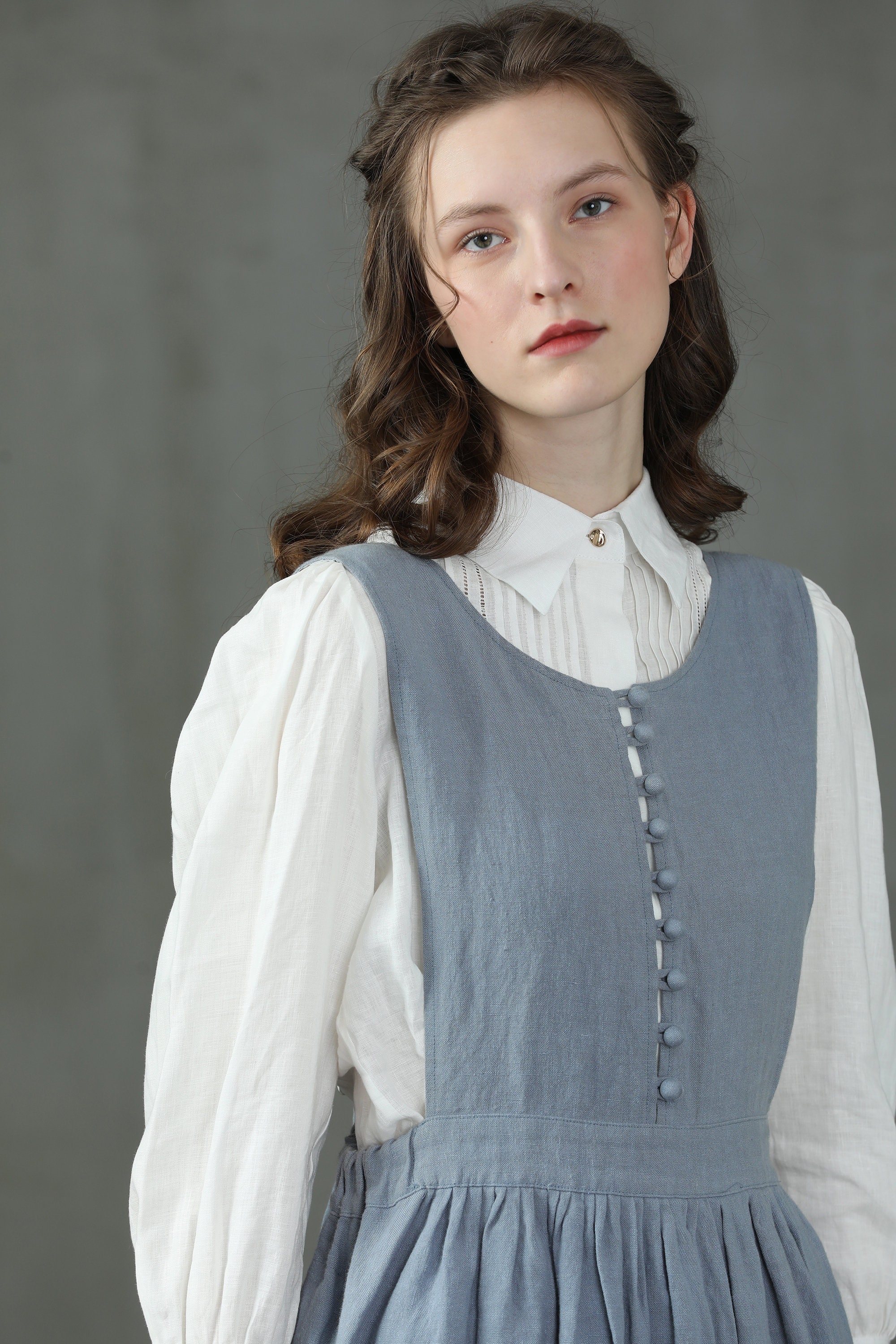 Apron Linen Dress in Misty Blue Midi Dress Pleated Linen Etsy