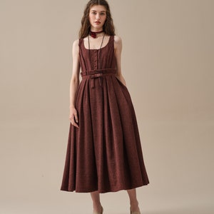 pleated wool dresses in RustRed, elegant dresses, sleeveless dresses, vintage dress, warm dress | Linennaive