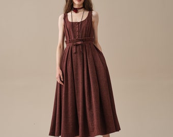 pleated wool dresses in RustRed, elegant dresses, sleeveless dresses, vintage dress, warm dress | Linennaive