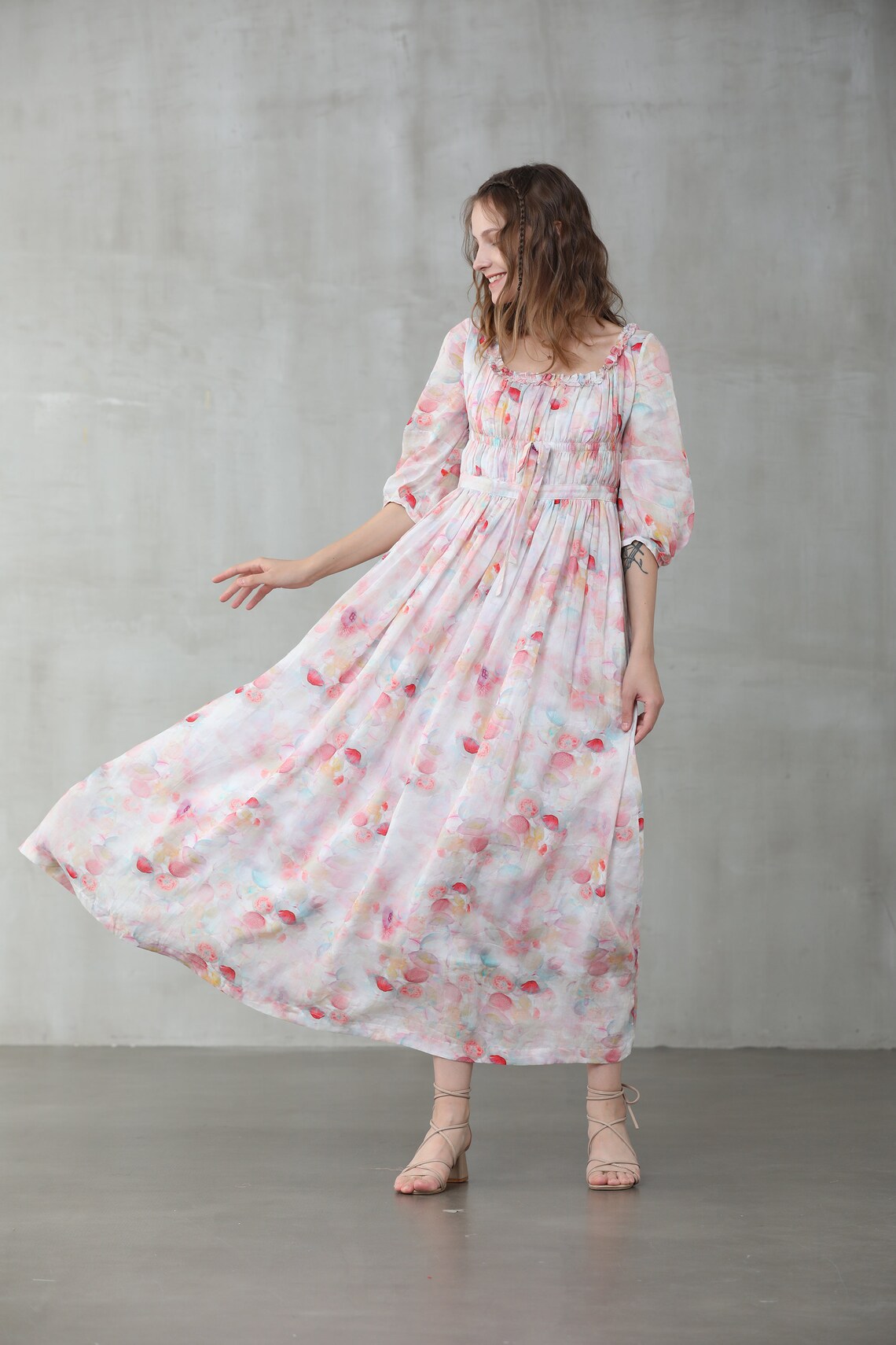 Maxi Floral Linen Dress Ruffle Linen Dress Maxi Lienn Dress Etsy