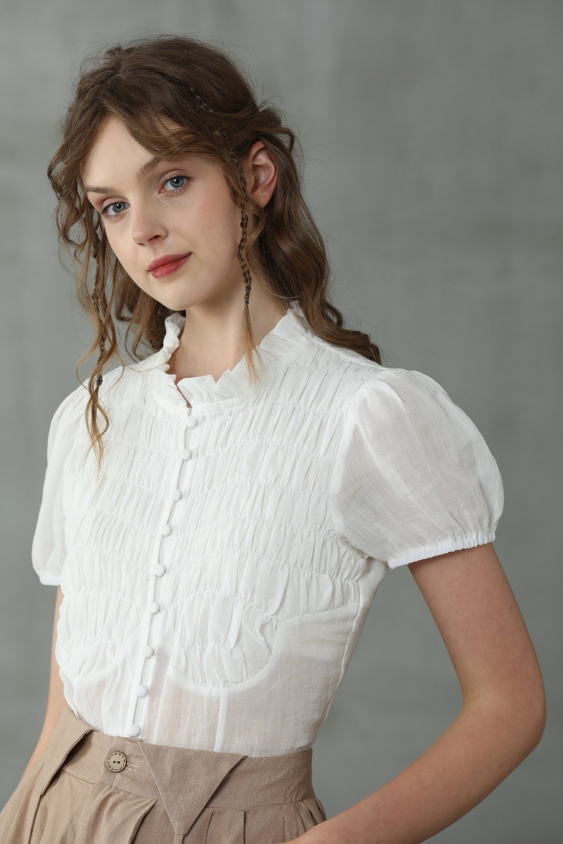 smocked linen blouse in white, puff-sleeve ruffled blouse, short sleeved blouse, victorian blouse, button-front linen shirt Linennaive image 2