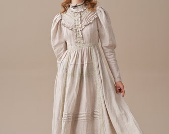 ruffled linen dress in creamwhite, victorian dress, vintage dress, elegant dress, long sleeved dress | Linennaive