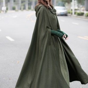 Maxi Hooded Wool Coat Cloak, 100% wool, Maxi wool Cape, Hooded Cape, Wool Hooded Cloak In Green,Black, Grey Linennaive image 2